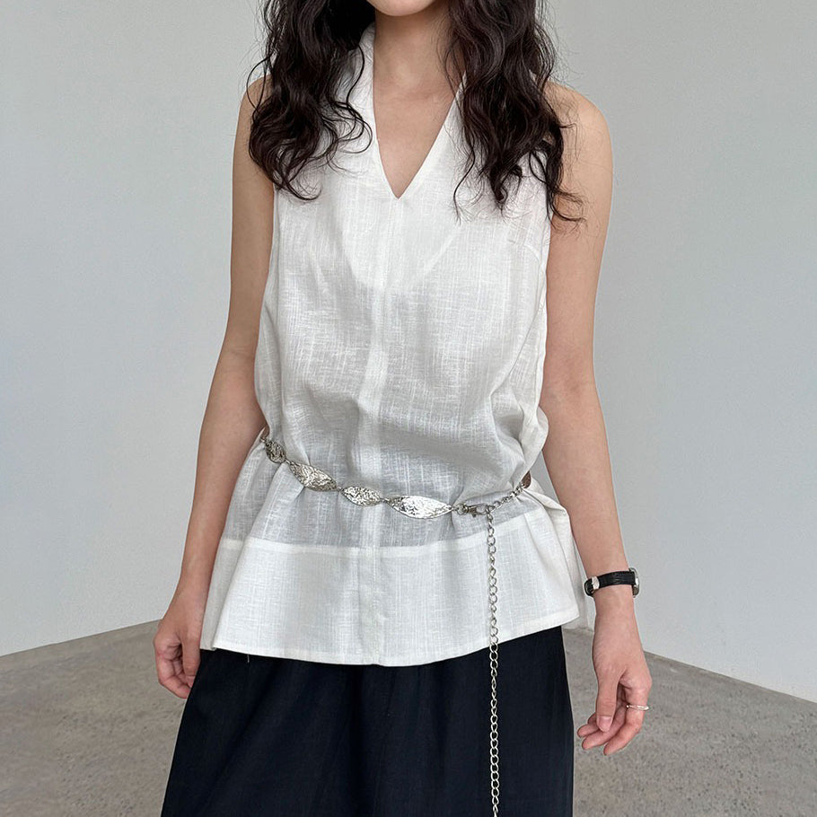 【トップス】デザイン性のある ハイネック 夏の涼感 リラックス Vネック ノースリーブブラウス【JZシリーズ】
