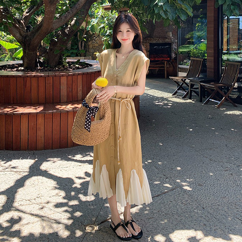 【ワンピース】大人可愛いコットンリネンマーメイド ノースリーブワンピース ゆったり高見えシルエット【JZシリーズ】