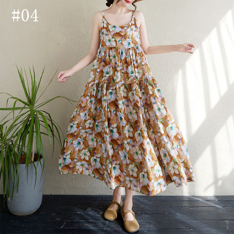 全6柄展開【ワンピース】 花柄 切り替え キャミワンピ 涼感薄手 ふんわりティアードデザイン ノースリーブワンピース【SHシリーズ】