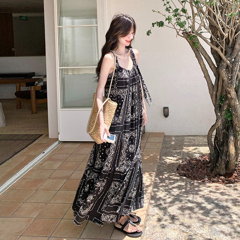 【ワンピース】フレンチヴィンテージ ボヘミアン ノースリーブワンピース 夏 高見え キャミソールロングドレス【SHシリーズ】