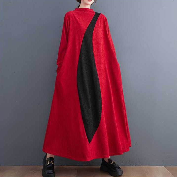 【ワンピース】文芸風 韓国風 配色切替 長袖 アシンメトリー ワンピース ミモレ丈 着痩せ シンプル【AHシリーズ】