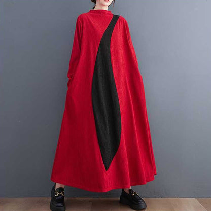 【ワンピース】文芸風 韓国風 配色切替 長袖 アシンメトリー ワンピース ミモレ丈 着痩せ シンプル【AHシリーズ】