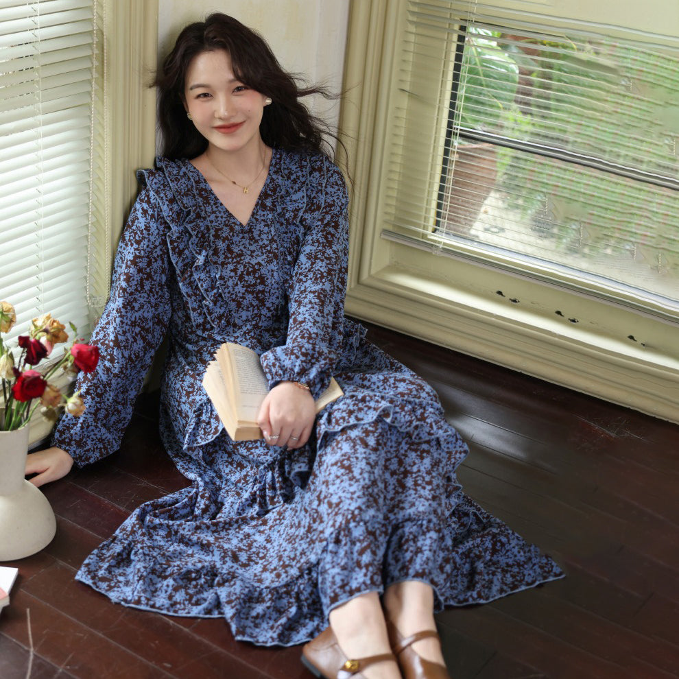 【ワンピース】2025秋新作 Vネック花柄 長袖ワンピース 体型カバー ゆったり細見え【SHシリーズ】