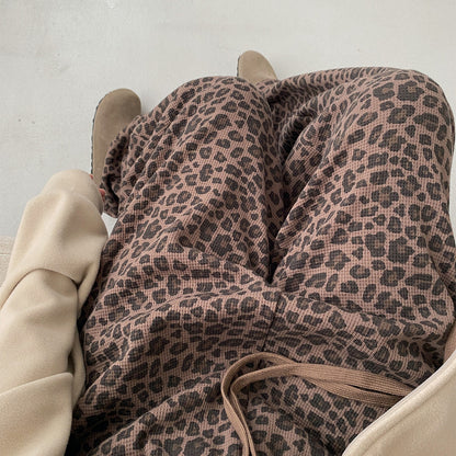 【ボトムス】アメリカンレトロ レオパード柄 ワッフルニット ワイドストレート イージーパンツ ウエストゴム レディース【FCシリーズ】