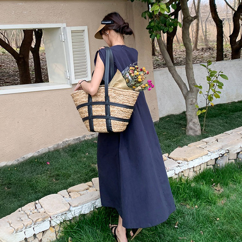 【ワンピース】ネイビーブルー ノースリーブ ワンピース 夏 リラックス系 小規模ブランド おしゃれ ゆったり 万能 ロングドレス【JZシリーズ】