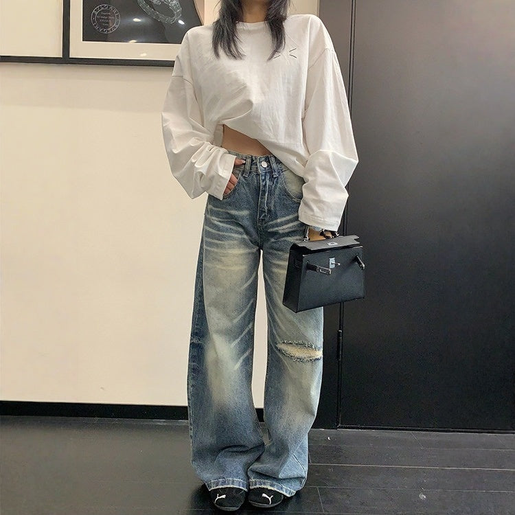 【ボトムス】ダメージ ストレート ヴィンテージ加工 デニムパンツ 【FCシリーズ】