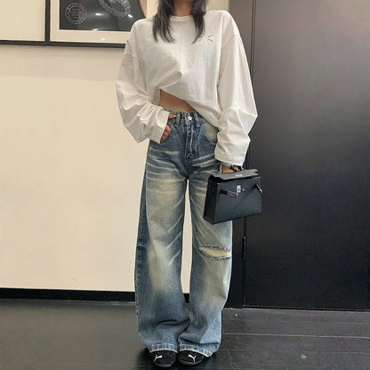 【ボトムス】ダメージ ストレート ヴィンテージ加工 デニムパンツ 【FCシリーズ】