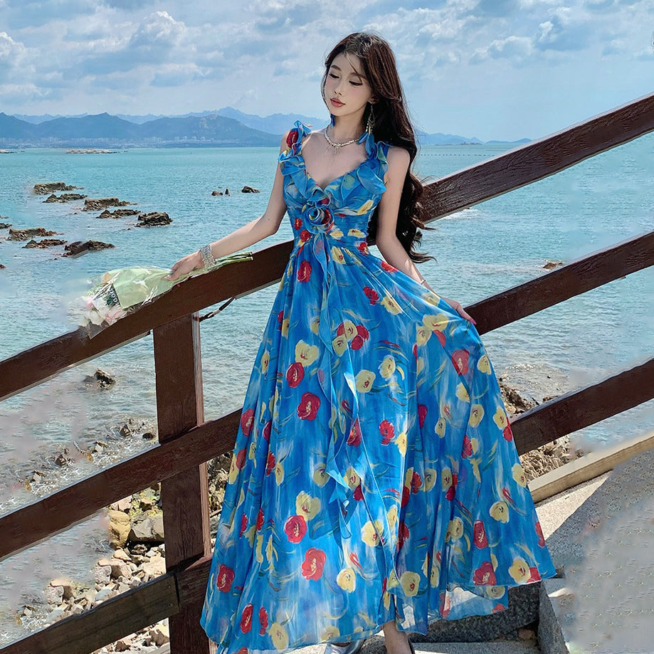 【ワンピース】リゾートワンピース レディース 夏 ブルー花柄 シフォン ノースリーブ Vネック ウエストマーク ロング丈【SHシリーズ】