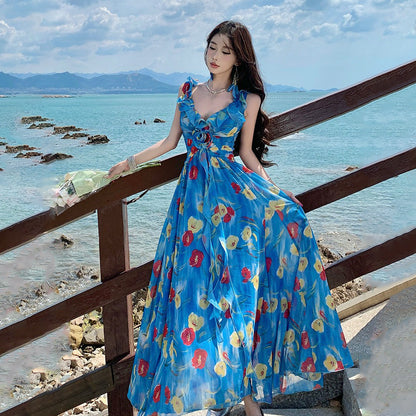 【ワンピース】リゾートワンピース レディース 夏 ブルー花柄 シフォン ノースリーブ Vネック ウエストマーク ロング丈【SHシリーズ】