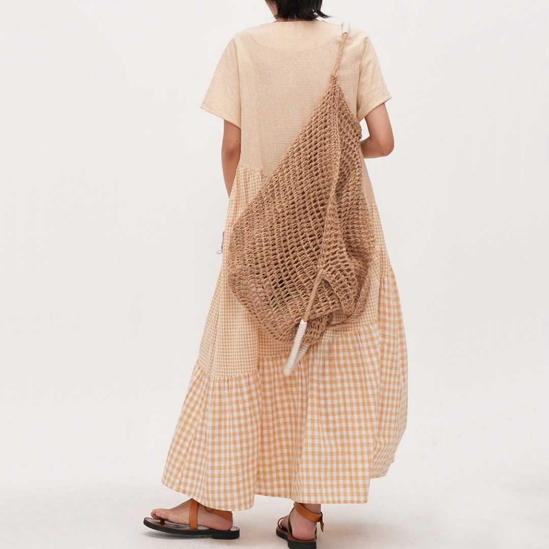 【ワンピース】【15～18日内発送】夏 クリームイエロー チェック柄 	Vネック 切り替えデザイン 半袖ワンピース 【JZシリーズ】