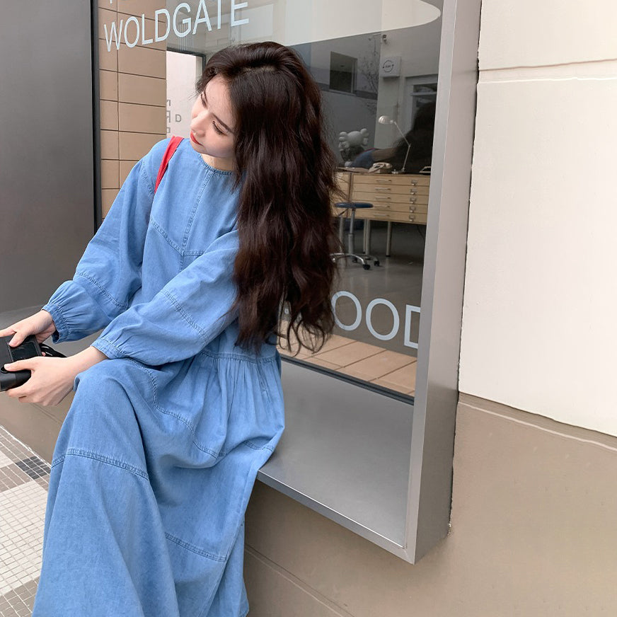 【ワンピース】デニムロング 長袖ワンピース 春秋 2025新作 レトロカジュアル 細見え 優しげフェミニン ドーパミンスタイル【JZシリーズ】