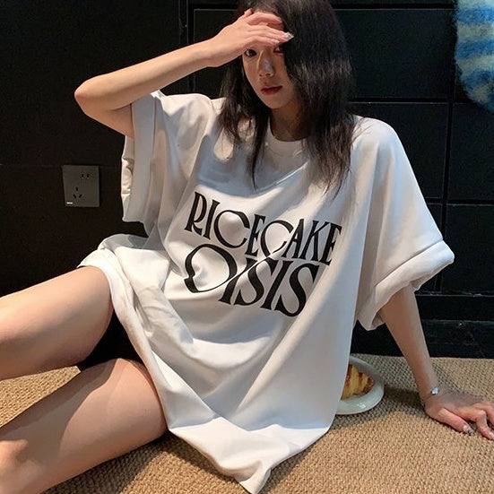 【トップス】韓国風 レタープリント パデッドスリーブ 半袖 ビッグTシャツ 【FCシリーズ】