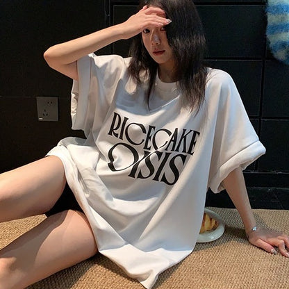 【トップス】韓国風 レタープリント パデッドスリーブ 半袖 ビッグTシャツ 【FCシリーズ】