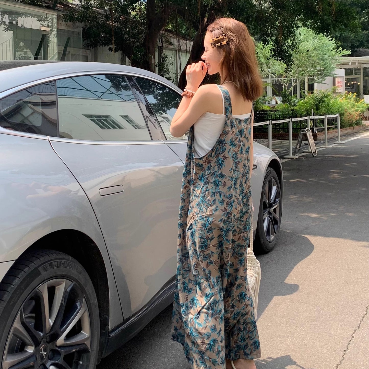 【ボトムス】夏新作 ナチュラルムード 青草プリント オーバーサイズサロペット ゆる感 オールインワン【SHシリーズ】