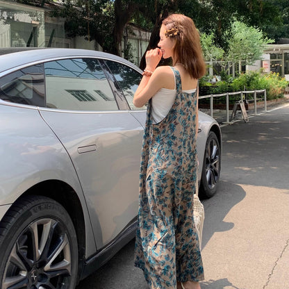 【ボトムス】夏新作 ナチュラルムード 青草プリント オーバーサイズサロペット ゆる感 オールインワン【SHシリーズ】