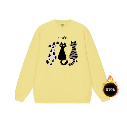 【トップス】猫柄  ヘビーウェイト アメリカンレトロ プルオーバー 裏起毛 スウェット レディース 体型カバー 高見え 人気デザインパーカー【FCシリーズ】