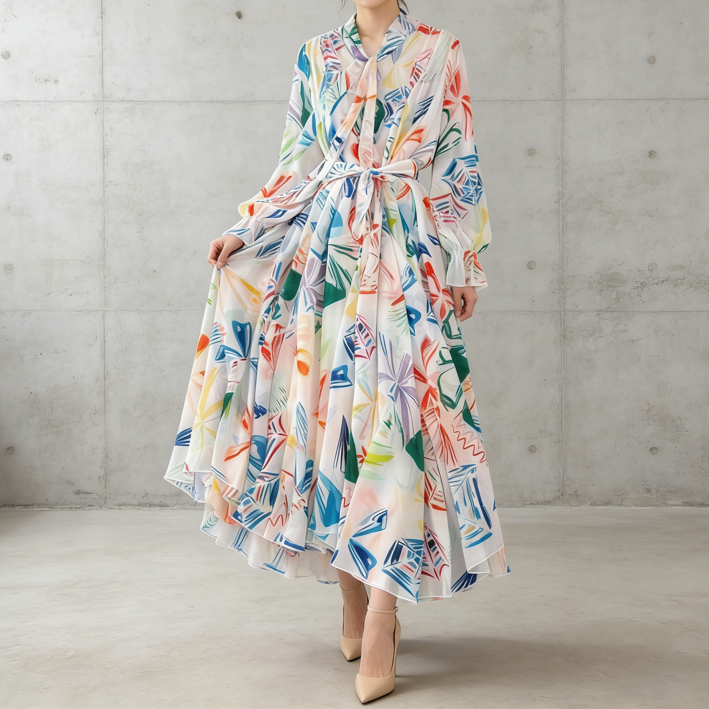 【ワンピース】フレンチエレガンス 気質 レディース シフォン 長袖ワンピース 蝶結びネック フレア 大人可愛い【SHシリーズ】