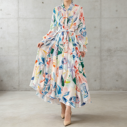 【ワンピース】フレンチエレガンス 気質 レディース シフォン 長袖ワンピース 蝶結びネック フレア 大人可愛い【SHシリーズ】