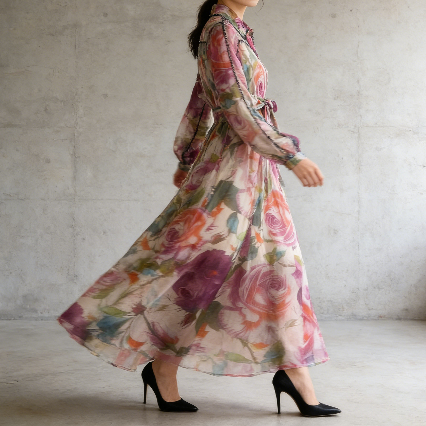 【ワンピース】フレンチエレガント ビジュー装飾 長袖 襟付き ウエストマーク 体型カバー 花柄 フレア ロングワンピースレディース
【SHシリーズ】