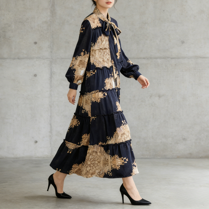 【ワンピース】プリントVネック お腹周りカバー フリル 長袖 ワンピース 【SHシリーズ】