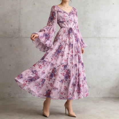 【ワンピース】褒められ確定！フレンチ小衆 長袖 プリントロングワンピース｜シフォン＆ベルスリーブ【SHシリーズ】