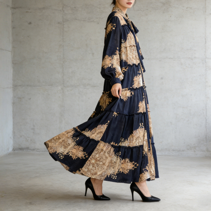 【ワンピース】プリントVネック お腹周りカバー フリル 長袖 ワンピース 【SHシリーズ】