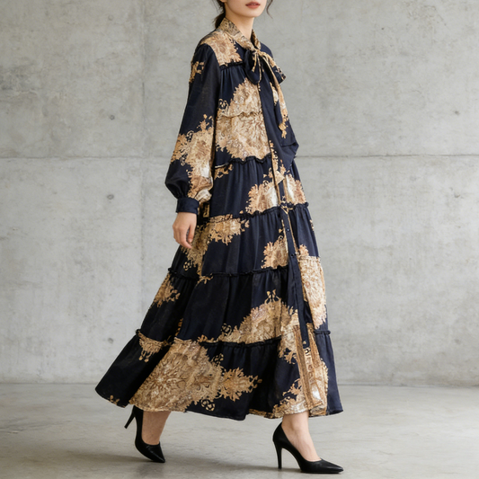 【ワンピース】プリントVネック お腹周りカバー フリル 長袖 ワンピース 【SHシリーズ】