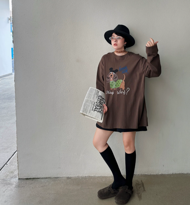 【トップス】レディース 犬プリントフード付き長袖Tシャツ ウォッシュ加工 韓国風 レトロ【FCシリーズ】