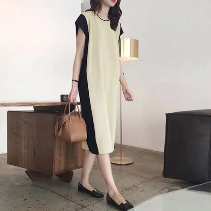 【ワンピース】夏 ゆったり 配色 韓国風 着痩せ 半袖ワンピース