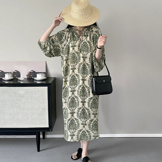 【ワンピース】夏 レトロ 花柄 ランタンスリーブ 薄手 長袖ワンピース【JZシリーズ】