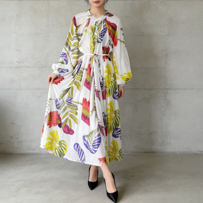 【ワンピース】前開き バルーンスリーブ タック入り フレア 長袖 ワンピース 【SHシリーズ】