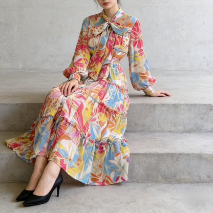 【ワンピース】シングルボタン プリント レディライク フレア 長袖 ワンピース 【SHシリーズ】