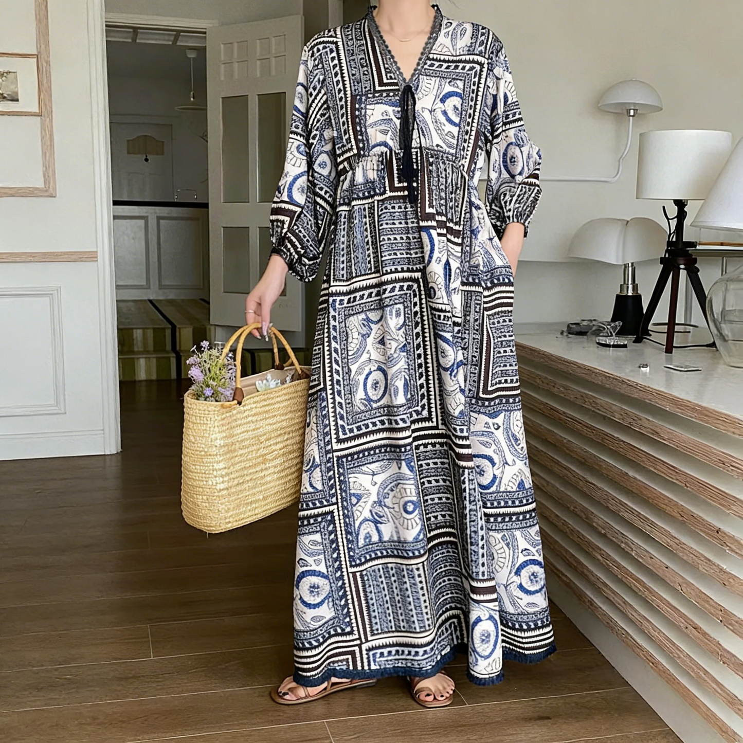 60%OFF⭐️期間限定【ワンピース】レディース カジュアルゆったり大きめサイズ 2026新作 リゾート風プリント長袖ワンピース【SHシリーズ】