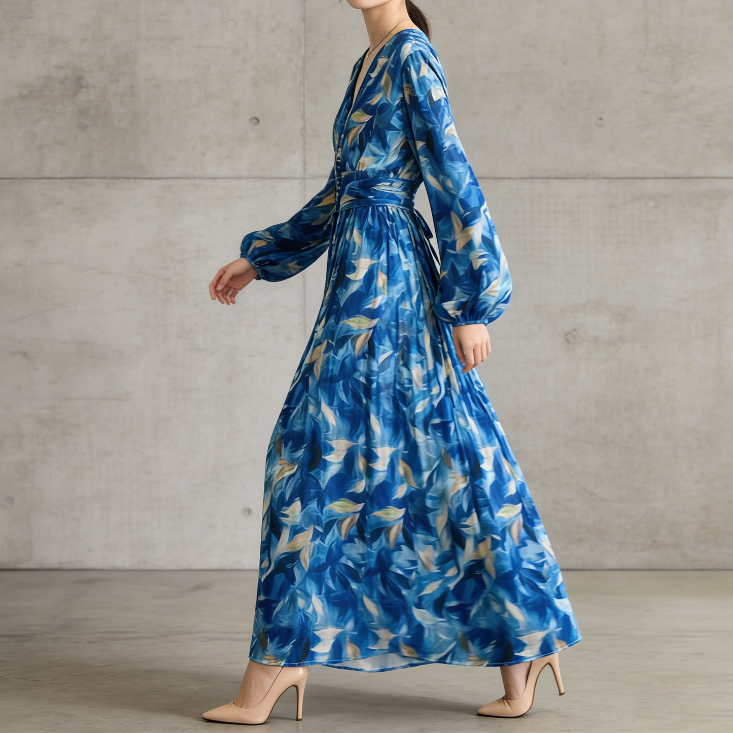 【ワンピース】大人フェミニン♡フレンチレトロ 長袖 花柄ワンピース｜ウエストマーク＆パフスリーブで細見え【SHシリーズ】