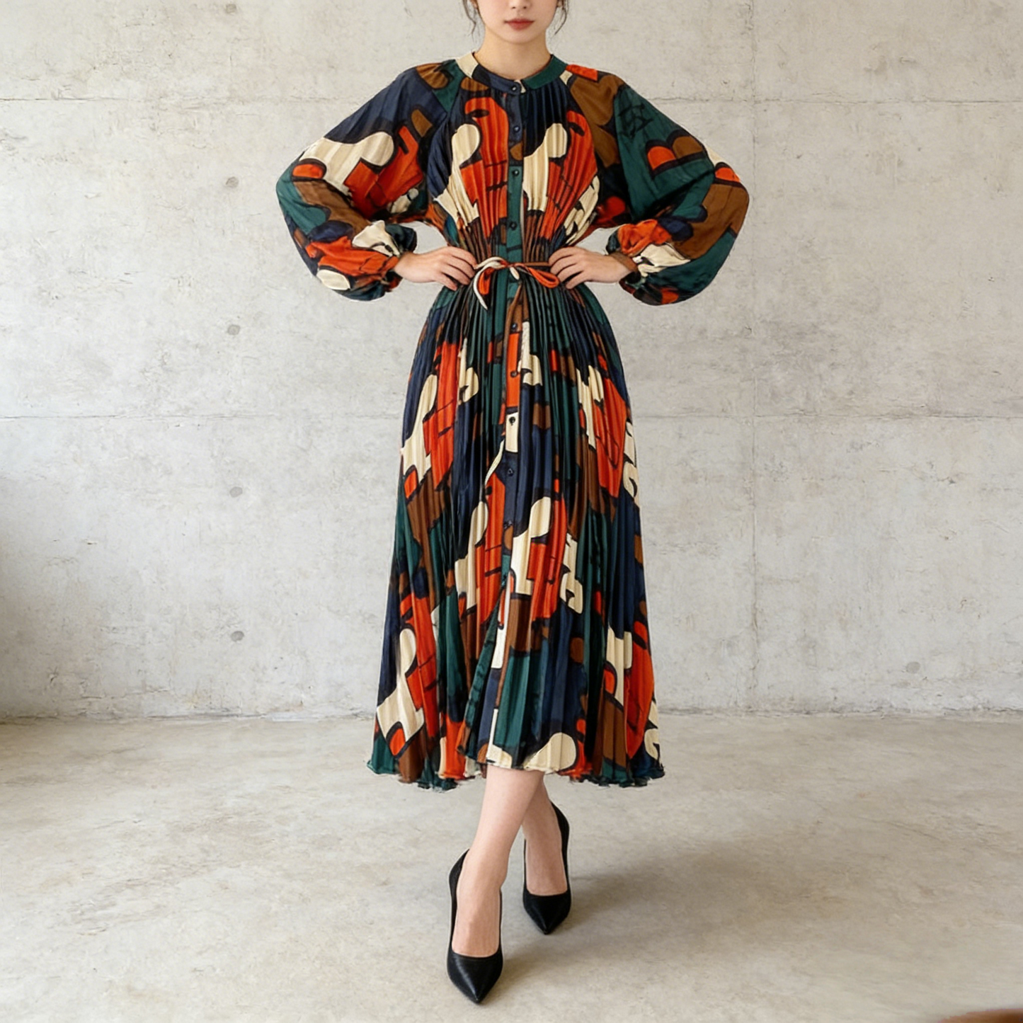 【ワンピース】ラウンドネック サテン プリント プリーツ 長袖 ワンピース 【SHシリーズ】