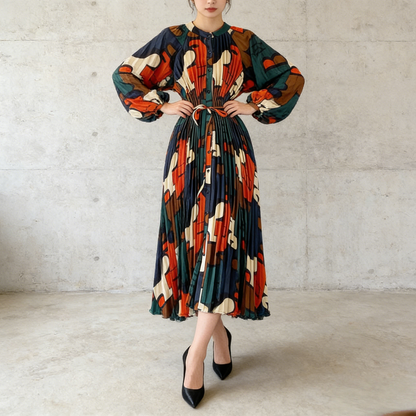 【ワンピース】ラウンドネック サテン プリント プリーツ 長袖 ワンピース 【SHシリーズ】