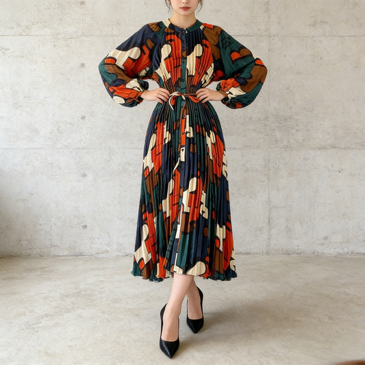 【ワンピース】ラウンドネック サテン プリント プリーツ 長袖 ワンピース 【SHシリーズ】