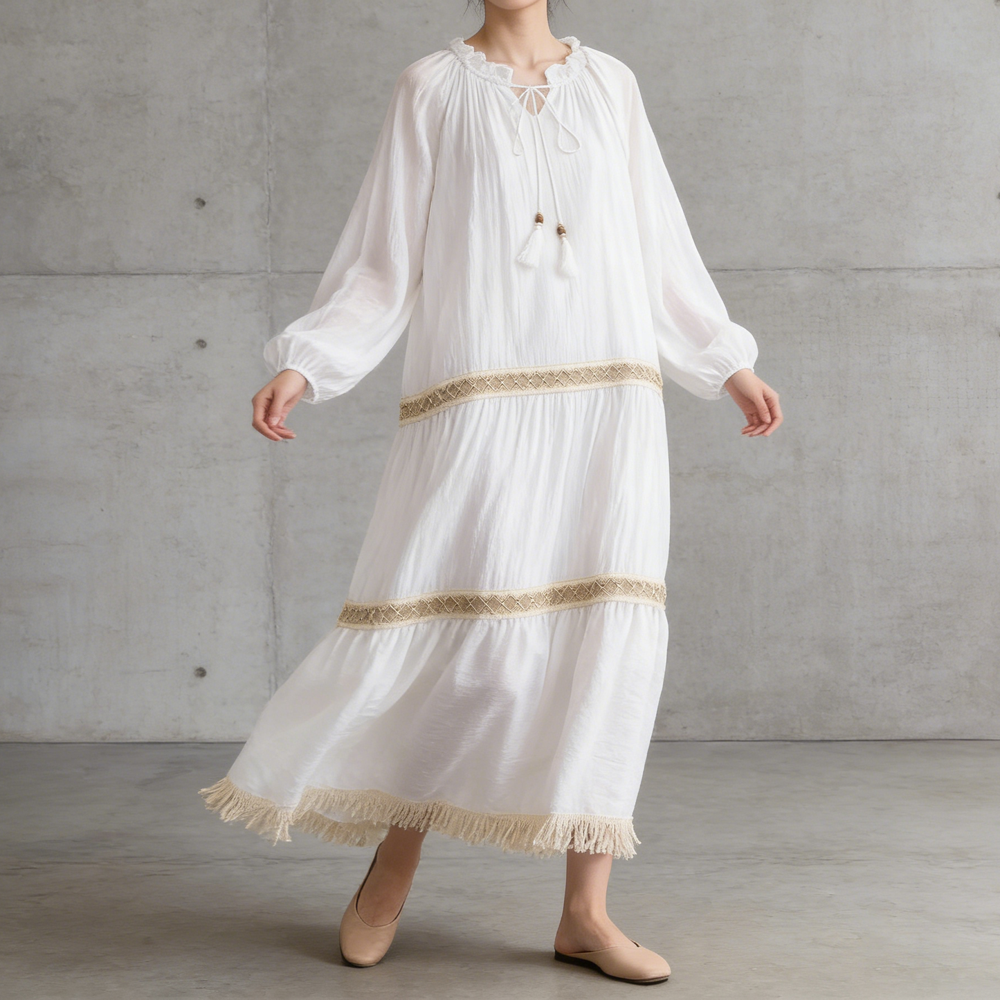 【ワンピース】一目惚れ確定！リゾート感たっぷり 民族風ロングドレス｜タッセル＆フレア袖 長袖ワンピース【SHシリーズ】