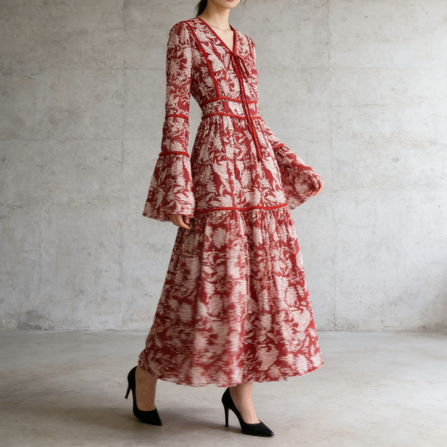 【ワンピース】大人エレガント♡フレンチレトロ 長袖 フリルワンピース｜ウエストマークで細見え【SHシリーズ】