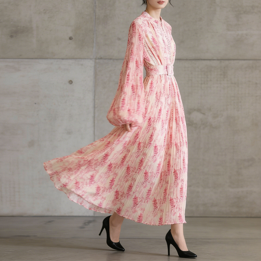 【ワンピース】スタンドカラー リボン付き Aライン プリント プリーツ 長袖 ワンピース 【SHシリーズ】