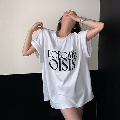 【トップス】韓国風 レタープリント パデッドスリーブ 半袖 ビッグTシャツ 【FCシリーズ】