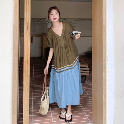 【ワンピース】夏 フレンチ ヴィンテージ  大人可愛い 配色 半袖ワンピース レディース 気質 若見え 超美しい Aラインロングドレス【JZシリーズ】