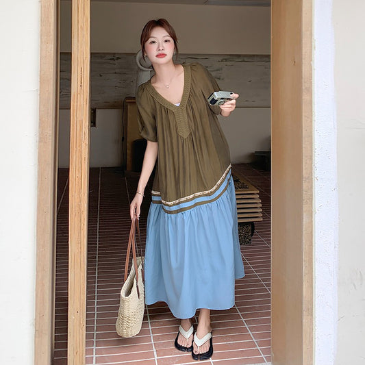 【ワンピース】夏 フレンチ ヴィンテージ  大人可愛い 配色 半袖ワンピース レディース 気質 若見え 超美しい Aラインロングドレス【JZシリーズ】