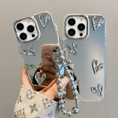 【グッズ】iPhone 15 Pro Max / 16 Pro / 14 / 13 Pro / 12 / 11 用 高級感 インスタ風 メッキ加工 シワ加工 立体ハート 気質レディース ブレスレット風 ミラーケース スマホカバー