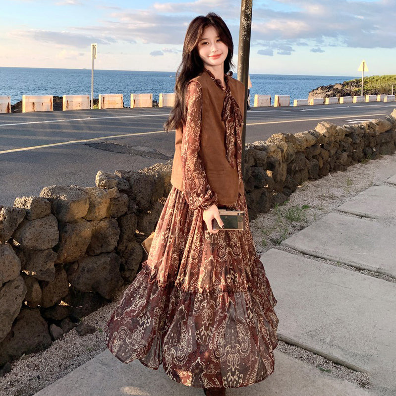 ワンピース】ブラウン 花柄 長袖ワンピース ベスト付きセット