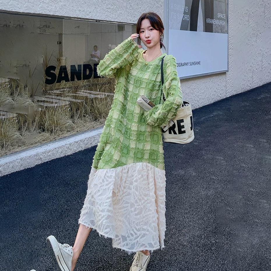 【ワンピース】グリーンチェック切り替え ロングワンピース レディース 春新作 長袖 マーメイドシルエット 上品 体型カバー【SHシリーズ】
