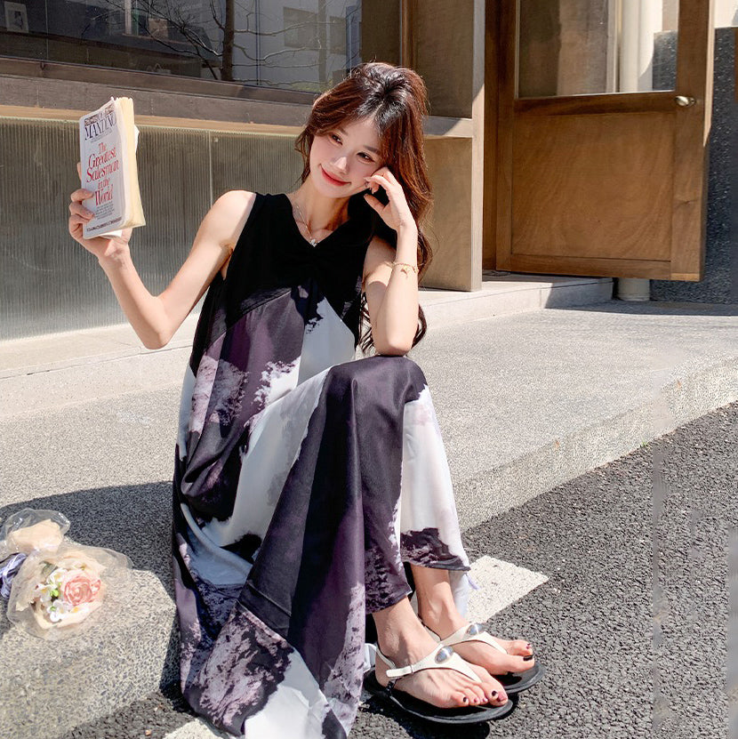 【ワンピース】夏新作 レトロ水墨風プリント リラックス感Vネック ノースリーブワンピース【SHシリーズ】