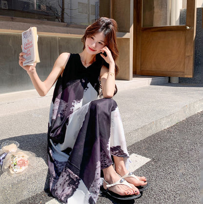 【ワンピース】夏新作 レトロ水墨風プリント リラックス感Vネック ノースリーブワンピース【SHシリーズ】