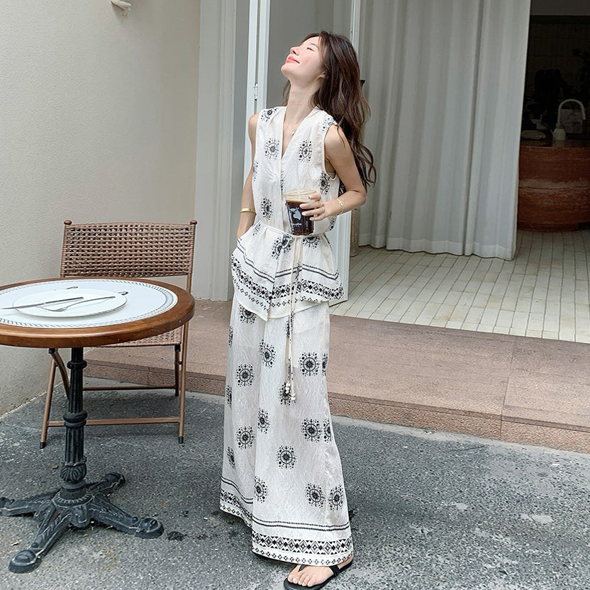 2点セット！【セットアップ】エスニック柄ベスト＋ワイドパンツ 上下セットアップ 韓国風 夏 レディースコーデ【SHシリーズ】