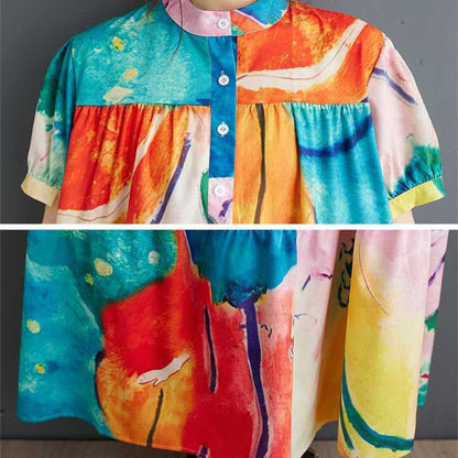 【ワンピース】韓国風ゆったりサイズ 半袖プリントシャツワンピース｜体型カバー◎涼しげなミディ丈【SHシリーズ】